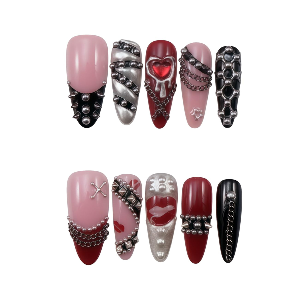 10pcs 3D Metallic Press on Nails Long Almond Handmade, Luxury Ornate Textured False Nails with Gold Silver Chrome Designs, Punk Style Studded Glue on Nails for Women, Gothic Avant-Garde Acrylic Nails