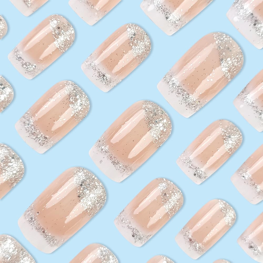 24Pcs White French Tip Press on Nails Square Medium Length Fake Nails White Ombre with Silver Glitter Designs Natural Glossy Artificial Acrylic Glue on Nails for Women Manicure Decoration
