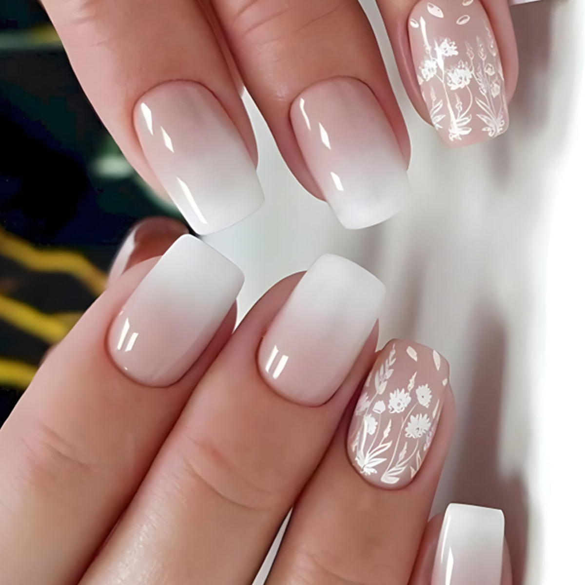 French Tip Press on Nails Glitter Petite Short Square Fake Nails Pink Nude Glossy Design Sparkly False Nails Glue on Nails with Full Cover Acrylic Stick for Women Girls Nail Decorations 24Pcs