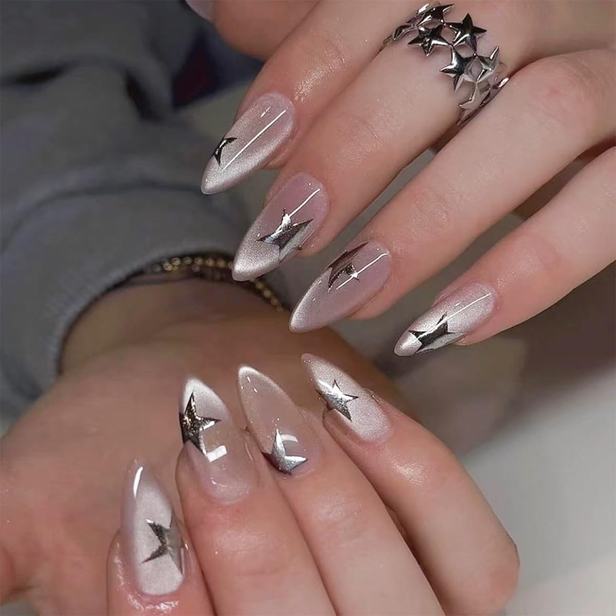 French Tip Press on Nails Medium Almond Fake Nails White Pearl False Nail Tips Summer Wedding Acrylic Nails Glossy Beach Glue on Nails Reusable Cute Stick on Nails for Women Manicure
