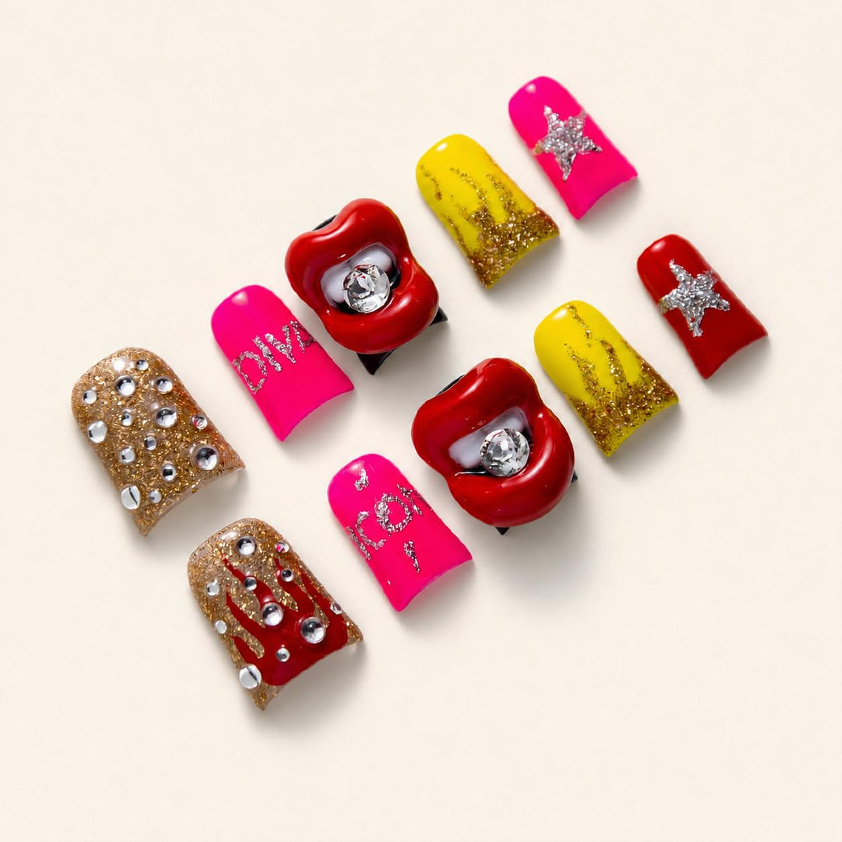 10 Pieces Luxury Acrylic Press On Nails Short Handmade Duck Nails, Pink Thickened False Nails, Rhinestone And 3D Red Lips, Reusable Fake Nails, Acrylic Nails (L)