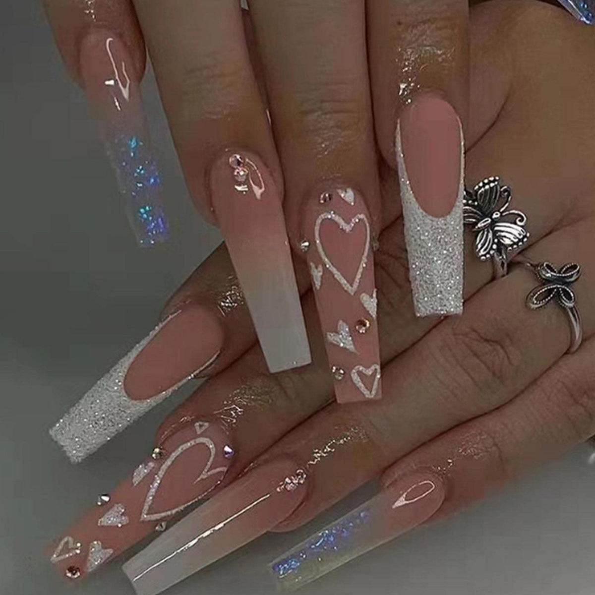Long Press on Nails Square French Fake Nails Full Cover Nude Acrylic False Nails for Women and Girls 24PCS (Gold Shiny)