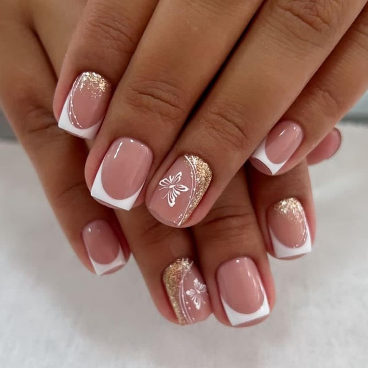 Glossy Nude Gold French Tip Press On Nails Short Almond, 30 PCS