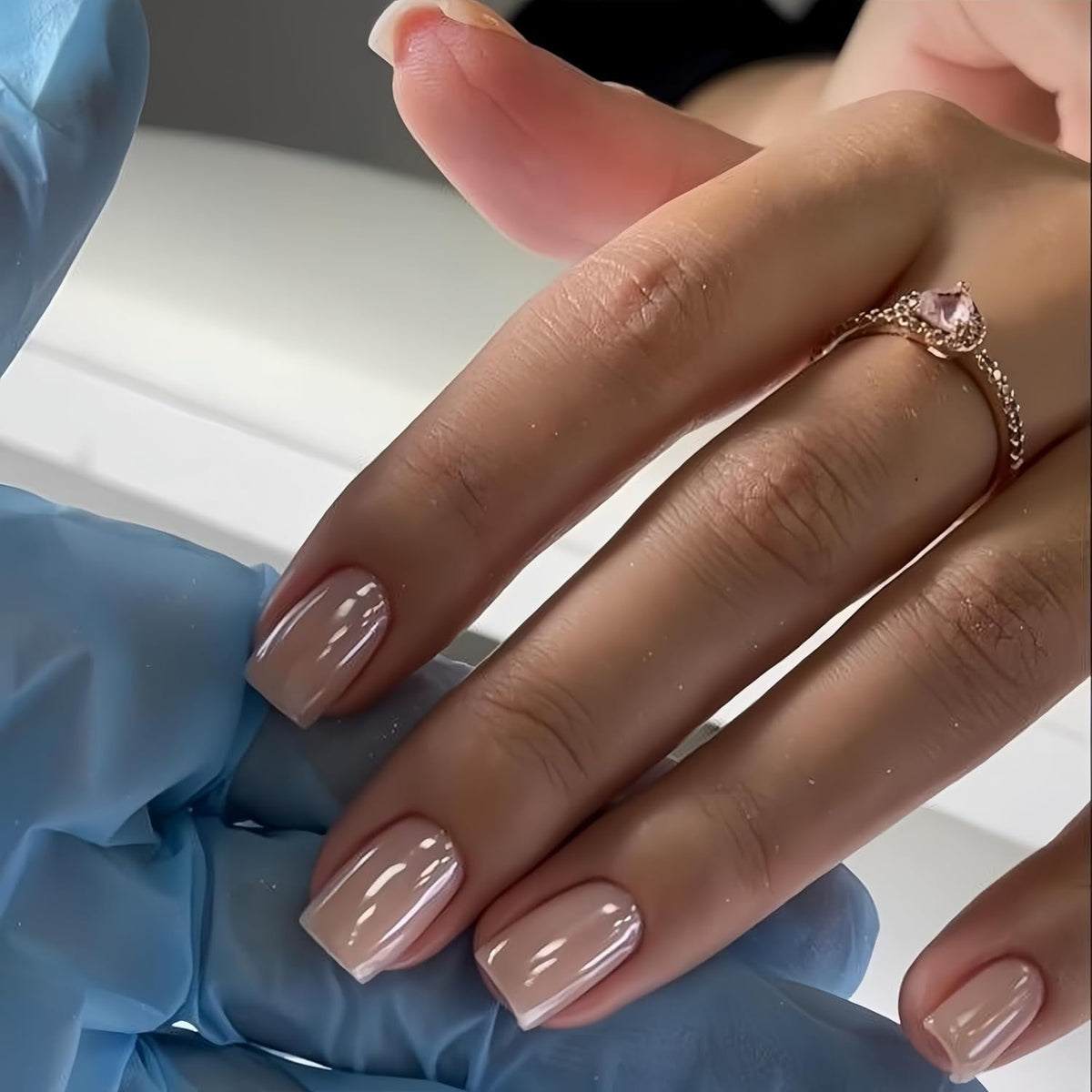 White French Tip Press On Nails Almond - KQueenest Chrome Press On Nails Medium, Glazed Natural Light Nude Fake Nails Press on, Reusable Glue on Nails Stick On Nail for Women Bridal Wedding