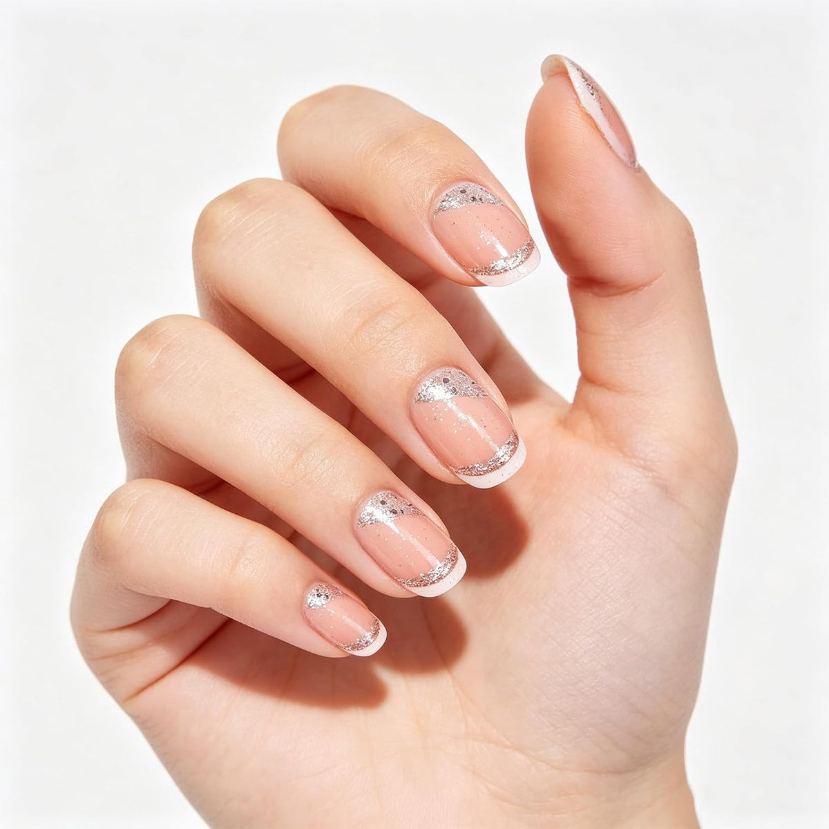 Press on Nails with Shimmer Design Glossy White French Tips Short Square False Nails Silver Glitter Fake Nail Nude Minimalist Stick on Fingernails Pink Glue on Nail for Women Bridal Daily Wear