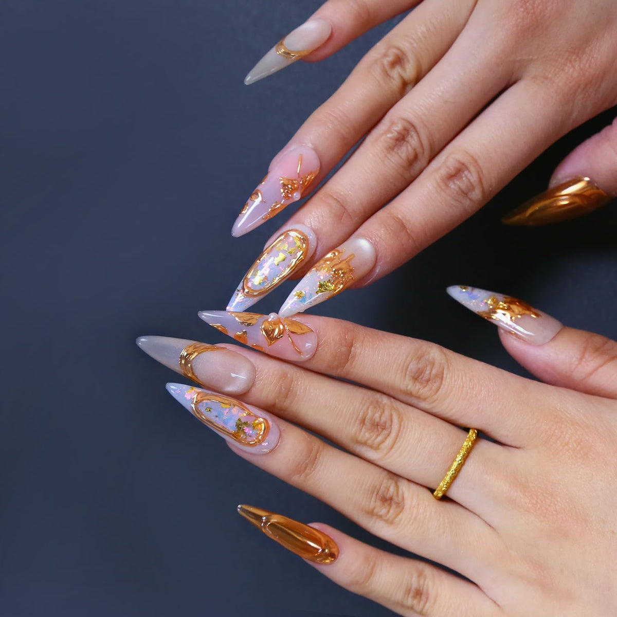 Press on Nails, Handmade Medium Almond Fake Nails, 3D Art False Fingernails with Design Full Cover Fake Nail, Glossy Acrylic Stick on Nails Artificial Nails for Women Manicure 10 Pcs (L)