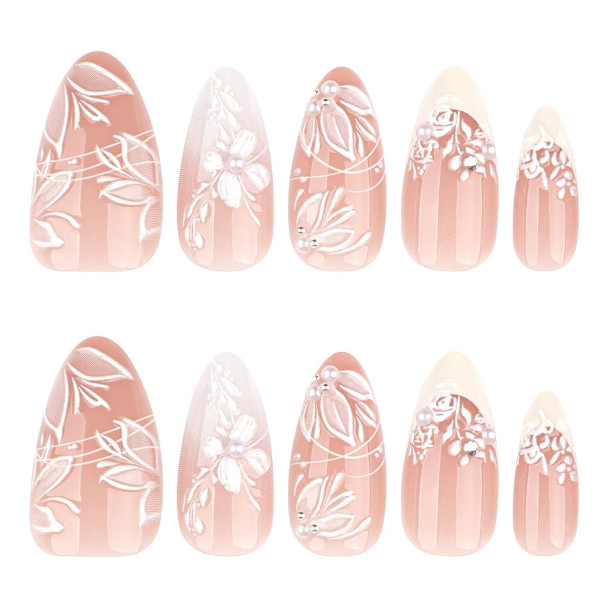 Medium Almomnd Press on Nails - Elegant White Floral Bridal Fake Nails