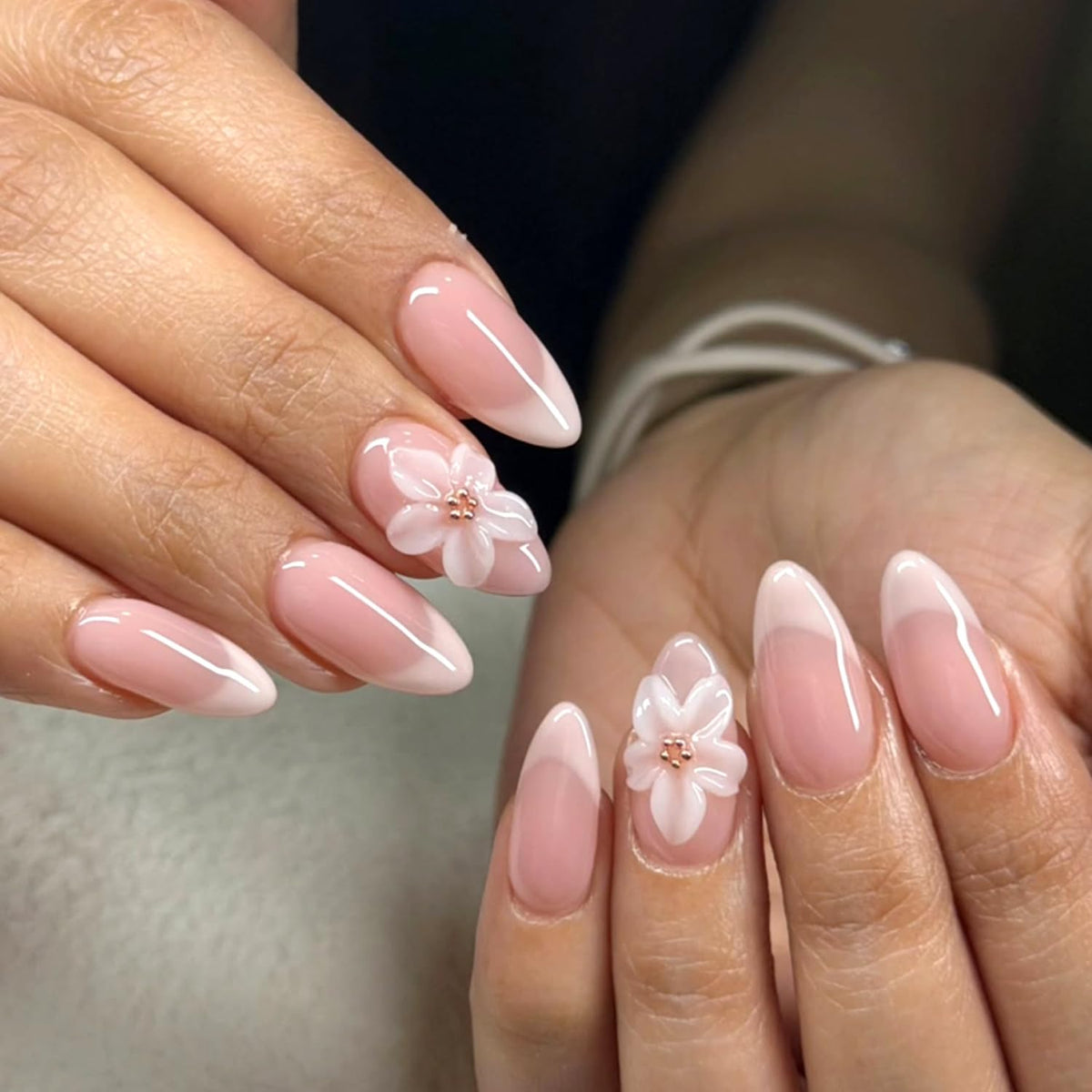 Black French Tip Press On Nails Almond Stiletto, Nude Glossy Fake Nails