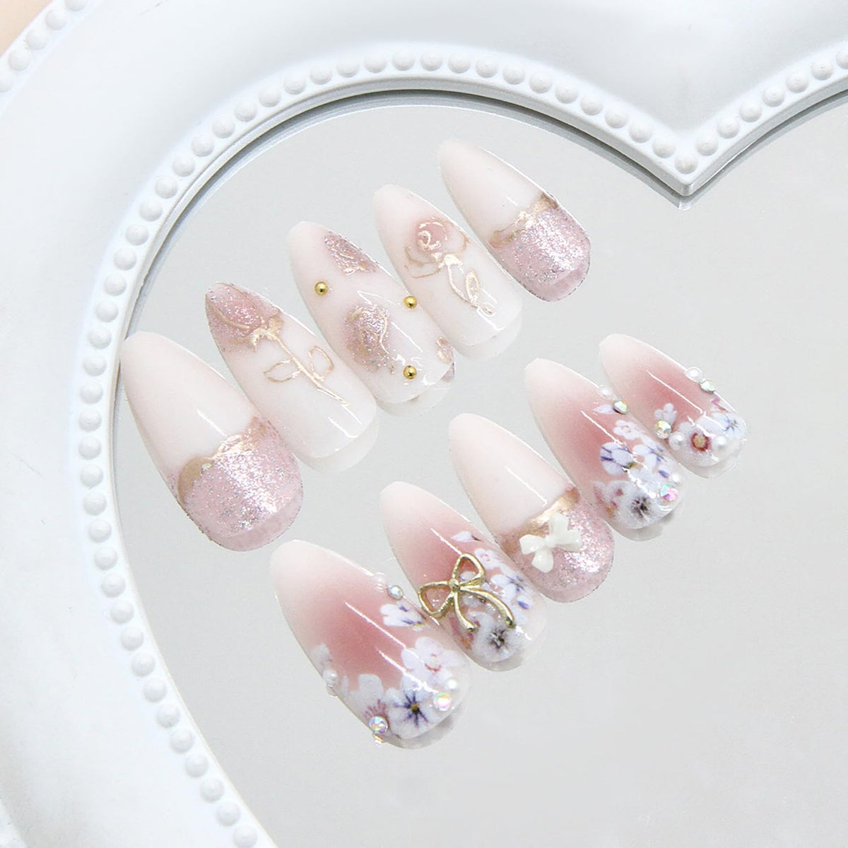 24Pcs Flower Press on Nails Medium Almond Fake Nails with Bow Rhinestones Designs Pink Acrylic Nails Glitter Glue on Nails Cute Floral False Nail Rose Flowers Stick on Nail for Women Nail Supplies