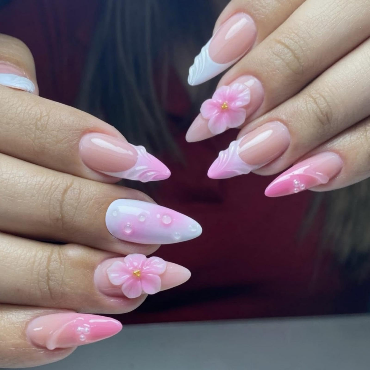 French Tips Press on Nails Medium Almond Nails Press on with 5D Flower Charm Design Glossy Brown Glue on Nails Water Ripple Rhinestones Fake Nail Reusable Fall Winter Nail for Women Manicure 24Pcs