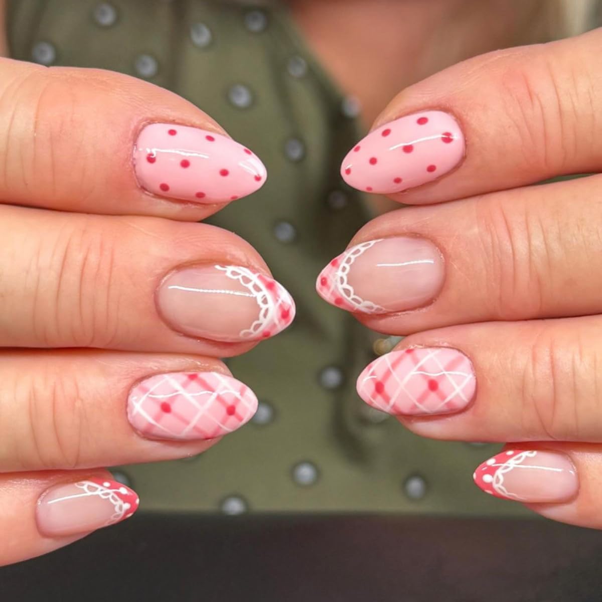 Medium Almond Press on Nails - White French Tip with 3D Flower Rhinestones