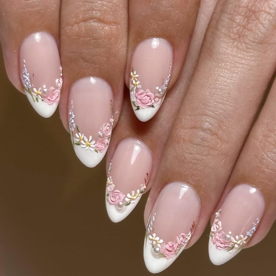 White Flower Press on Nails French Tip Fake Nails Medium Almond False Nails Glossy Artificial Stick on Nails Full Cover Acrylic Nails for Women Manicure 24Pcs