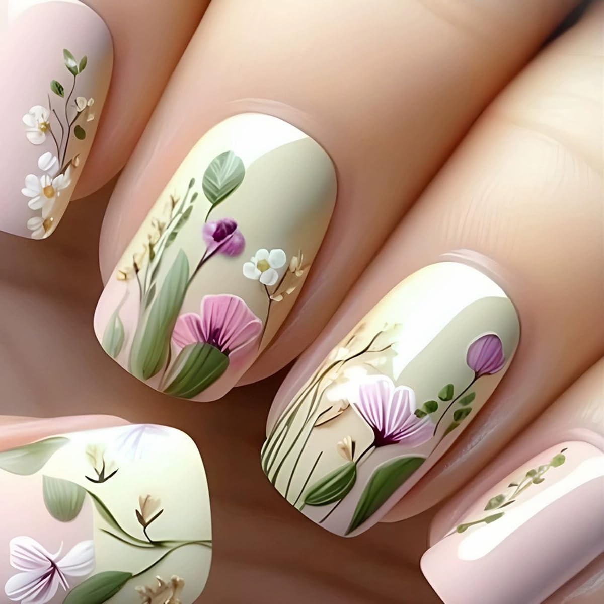 Short Square Press on Nails French Fake Nails Ombre Acrylic Nails Press on Full Cover Glossy False Nails Artificial Stick on Nail for Women Manicure Decoration 24PCS