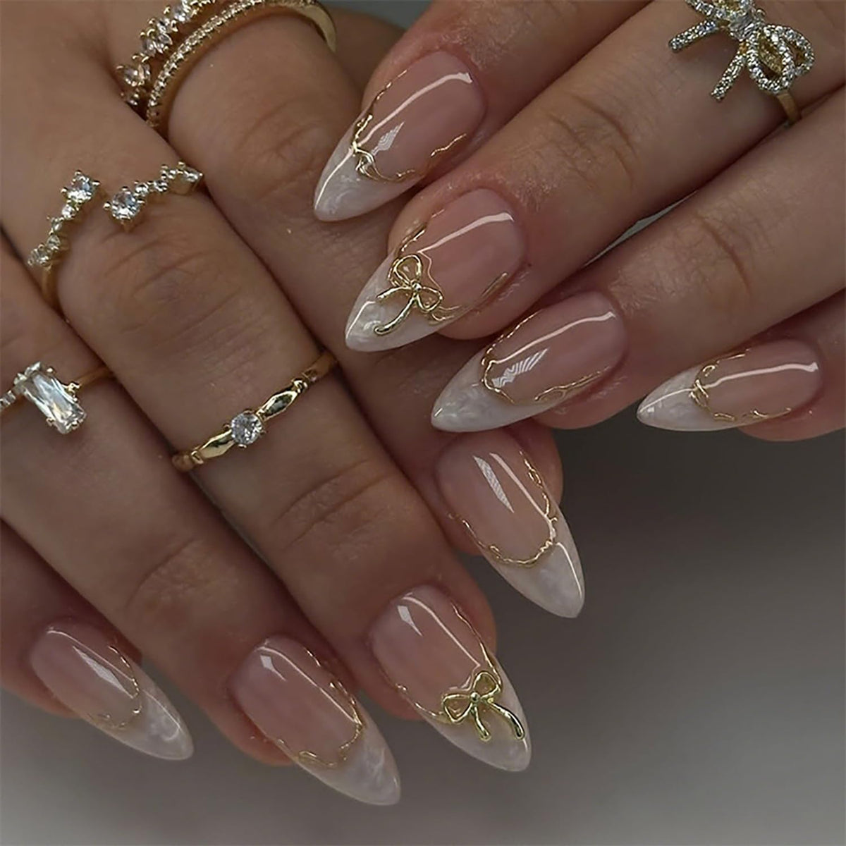 24Pcs Almond Press on Nails Medium Length White French Tip Fake Nails with Gold Lines Designs 3D Bow Acrylic Nails Reusable Cute False Nail Set Nude Glossy French Full Cover Glue on Nails for Women