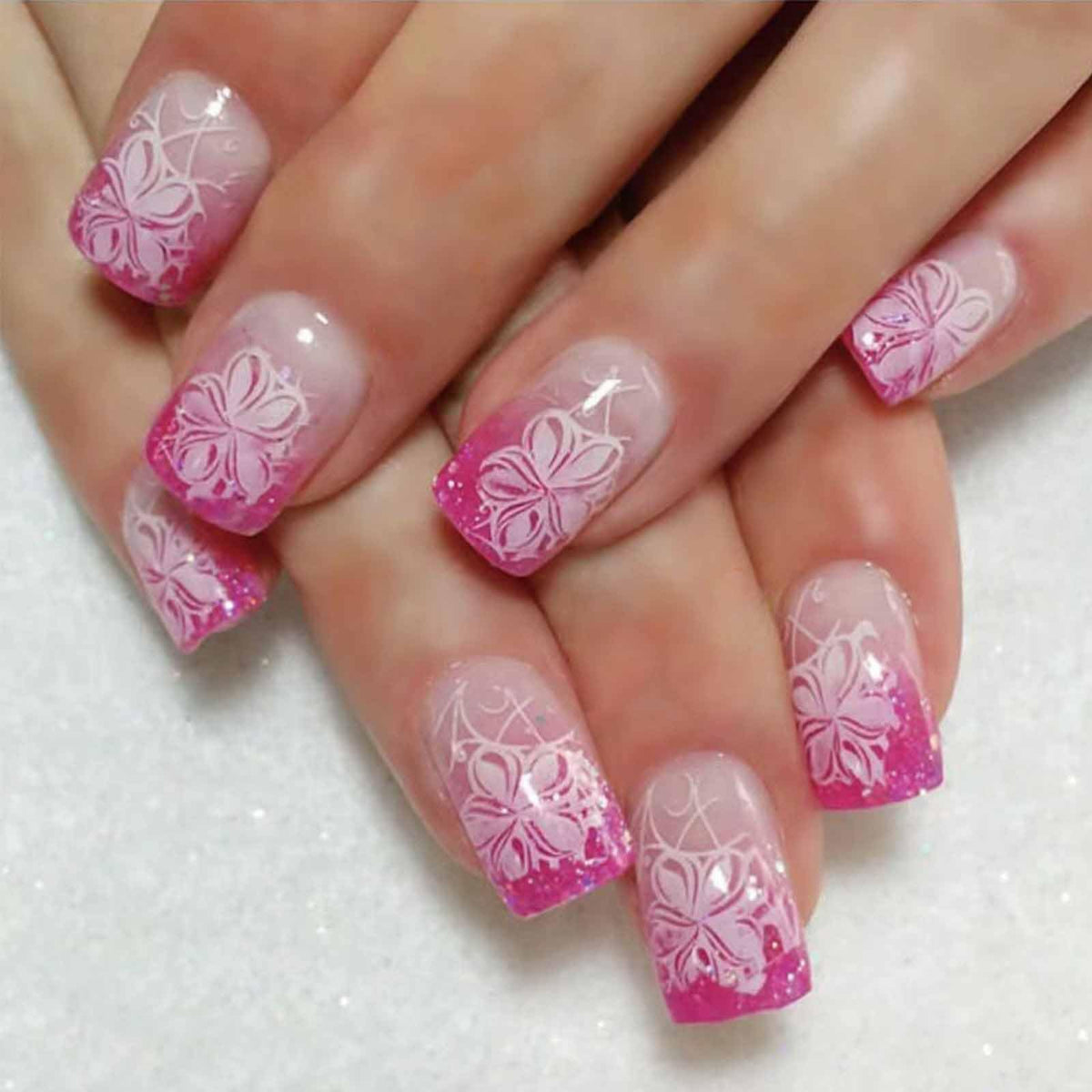 Green Press on Nails Medium Almond Fake Nails with 3D Pearl Rhinestones Designs Gold French Tips Flower Acrylic Nails False Nails White Floral Full Cover Glossy Stick on Nails for Women 24Pcs