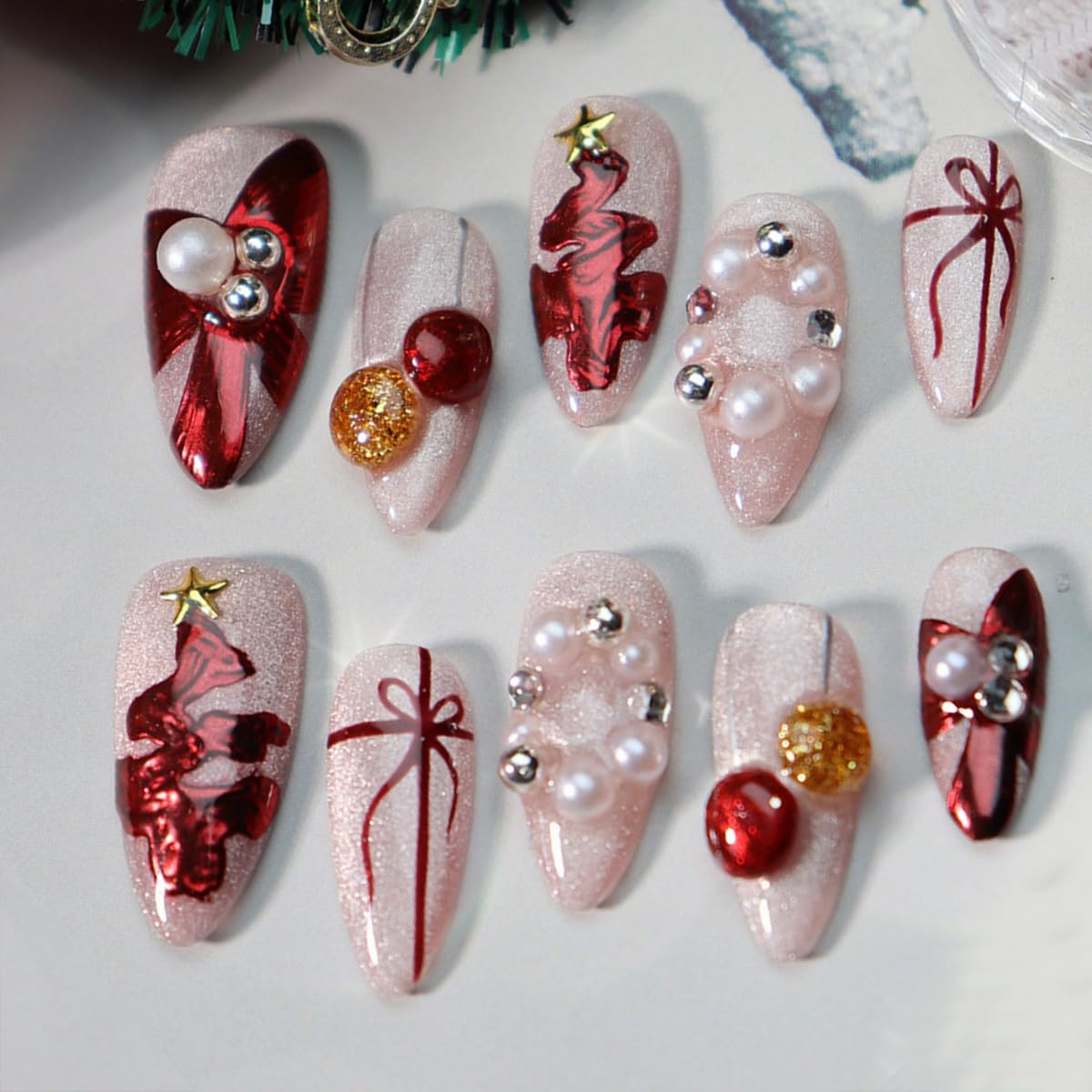 Star Moon Press on Nails Long Stiletto Fake Nails Pure Handcrafted Nail Mirror Effect Glue on Nails Glitter False Nail with Design Rhinestone Stick on Nail for Women Girls Luxury Manicure (M)