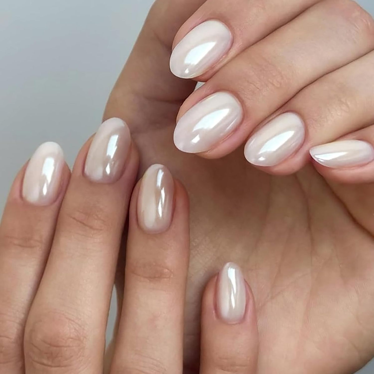 Pearl White Chrome Press on Nails Short Oval-Bling Glazed Design Chrome Glue on Nail, Salon Quality Shiny Full Cover Stick on Natural Fake Nail with Full Nail Kit for Women Bridal Wedding 32PCS