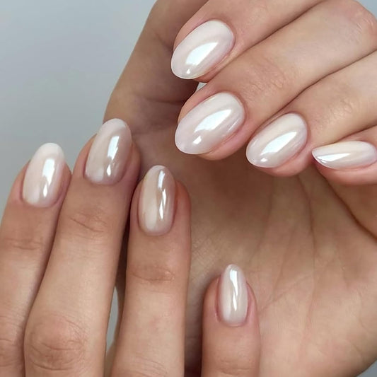Pearl White Chrome Press on Nails Short Oval-Bling Glazed Design Chrome Glue on Nail, Salon Quality Shiny Full Cover Stick on Natural Fake Nail with Full Nail Kit for Women Bridal Wedding 32PCS