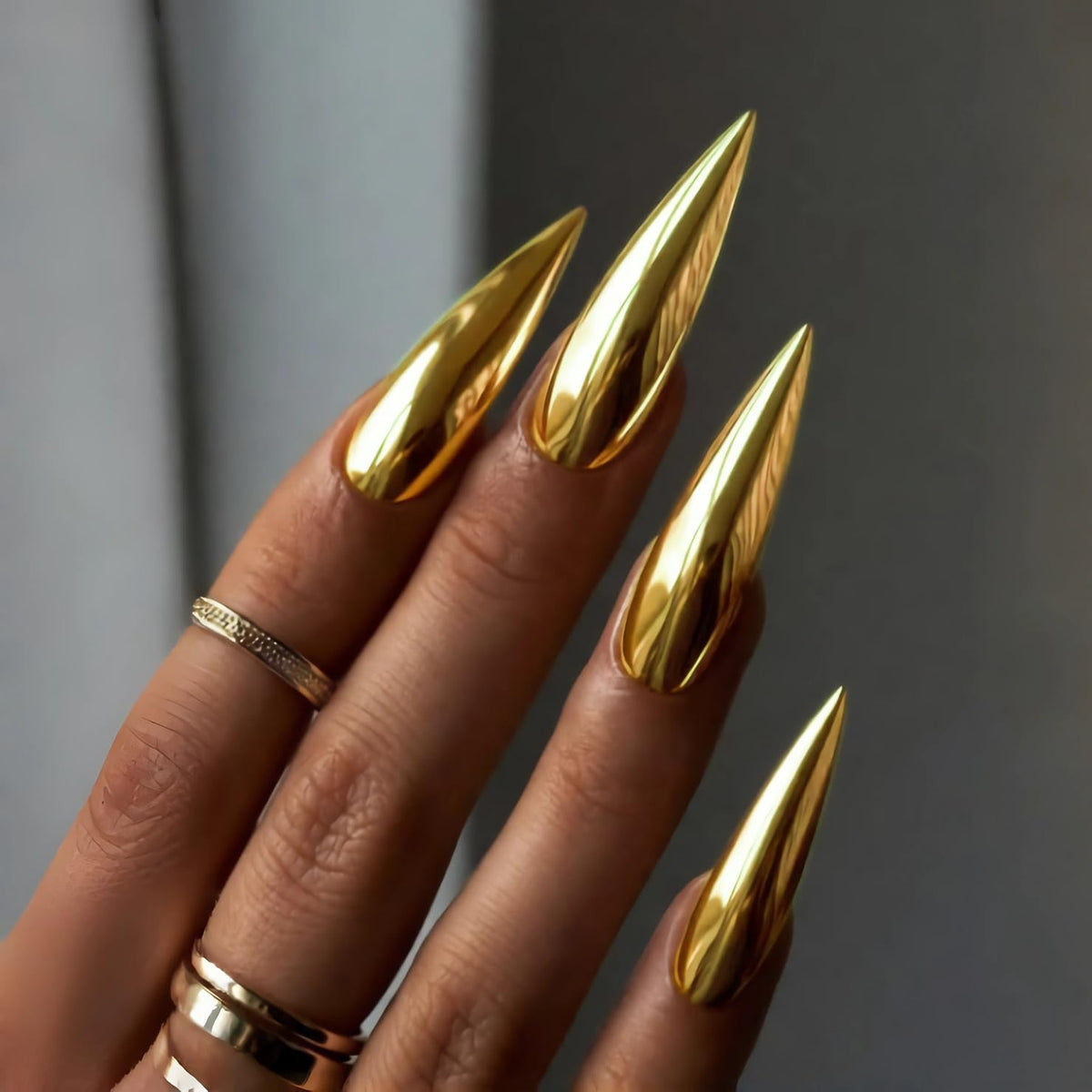 BABALAL Long Stiletto Press on Nails Metallic Gold Chrome Fake Nails