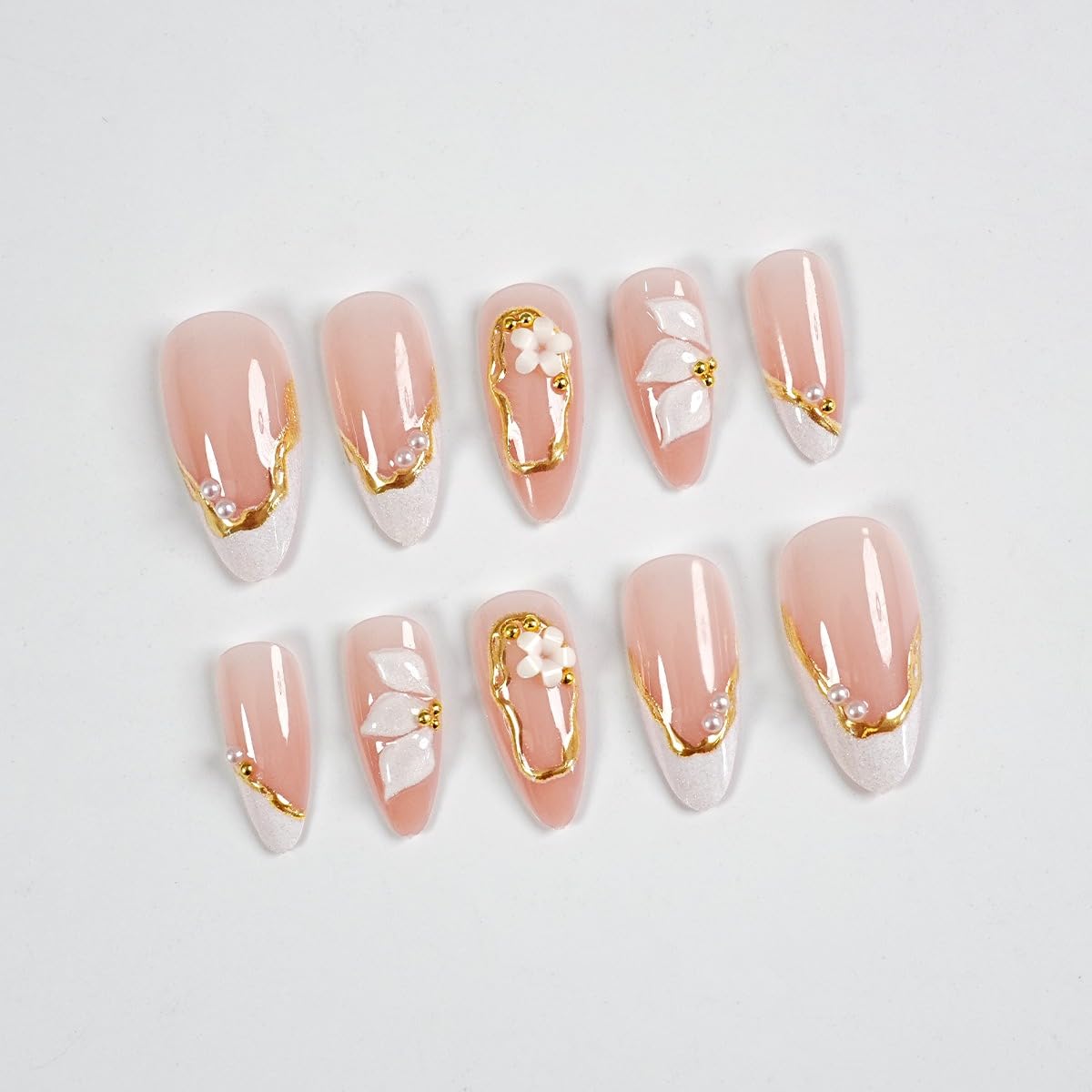 Almond Press on Nails Medium, Handmade White French Tip 3D Nude Fake Nails with Pearl Flower Leaf, Reusable Acrylic Stick On Nails for Women Wedding Bridal Party 24Pcs