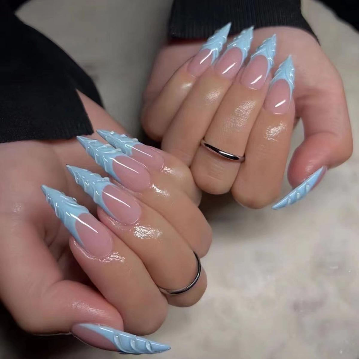 3D Gold Press on Nails Long Stiletto Fake Nails Glossy Nude Blue Full Cover