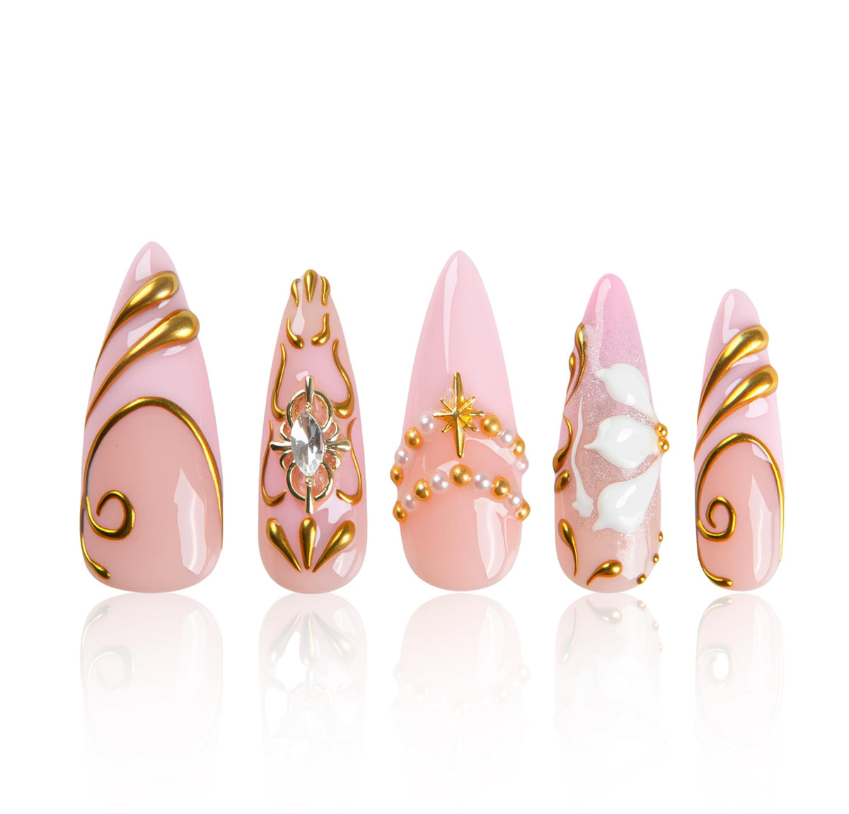 LOVFUL Gold Bling Press On Nails, Stunning Drill Glue On Nails, Luxury Fake Nails, Princess Nails | Handmade Nails l Fake Stick on nails | Square Long 2.2 in | H84(L)