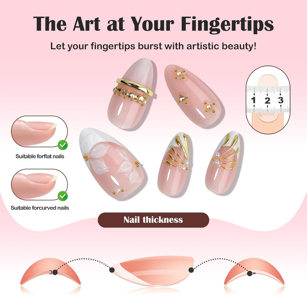 HOSAILY Medium Almond White French Tip Press on Nails 3D White Embossed Floral Designs Fake Nails Pearl Gold Glue on Nails Rhinestones Stick on Nails, 24PCS Bridal Luxury Nails for Women Daily Wedding