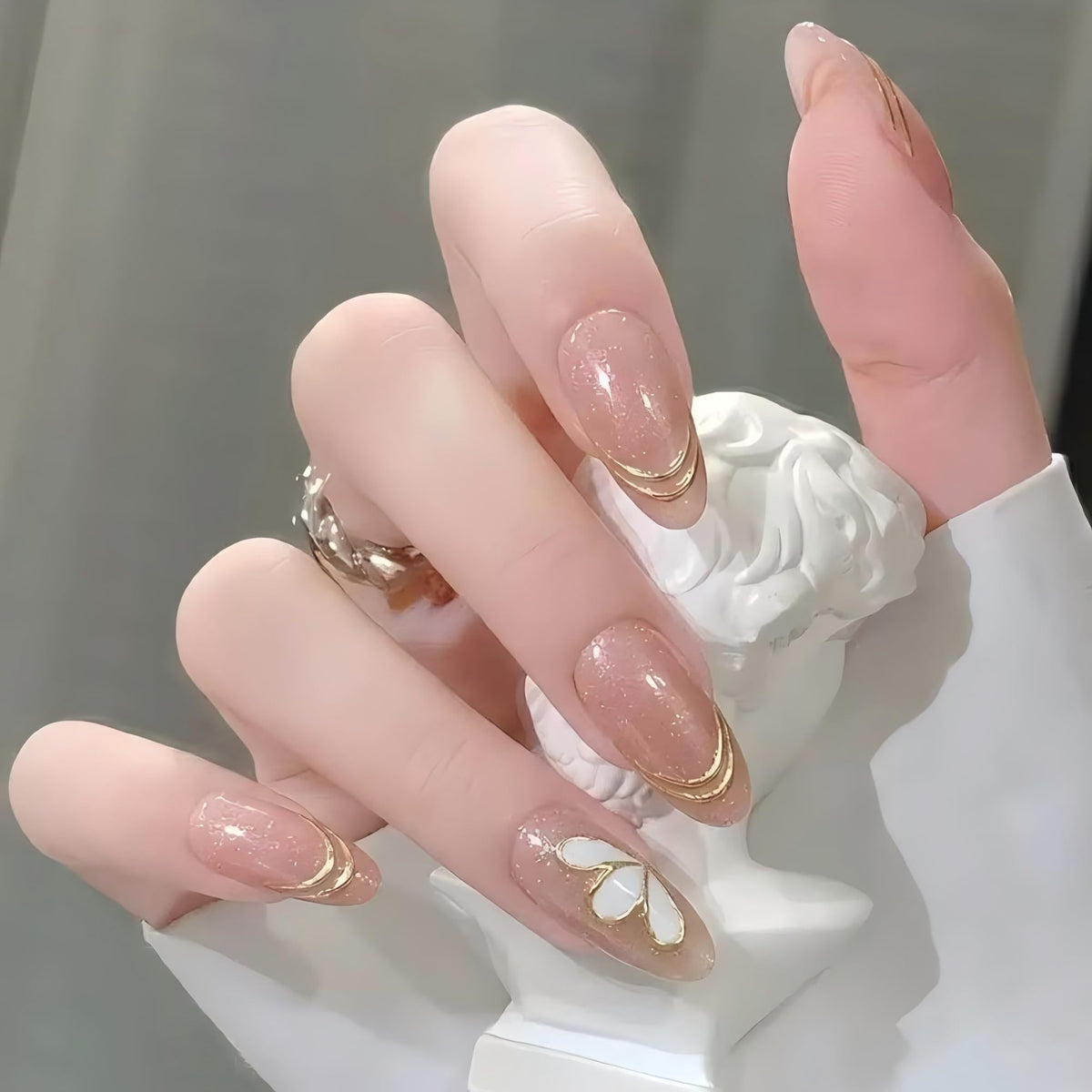 Glossy Nude Gold French Tip Press On Nails Short Almond, 30 PCS
