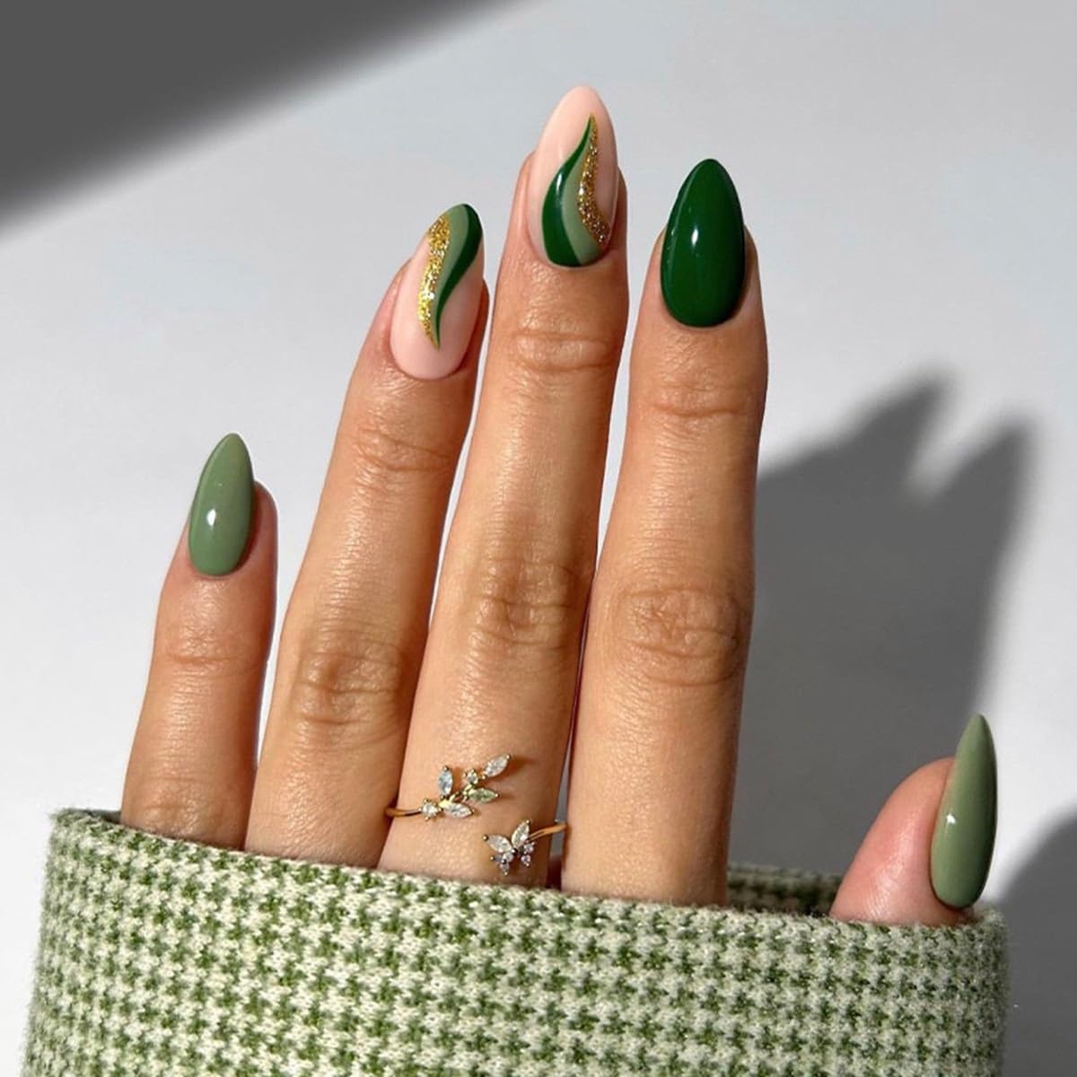 Almond Press on Nails Medium - Fall Fake Nails with Gold Line Design - White Full Cover Stick on False Nails - for Women 24 Pcs