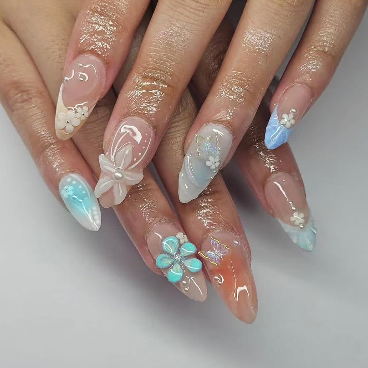 Green Press on Nails Medium Almond Fake Nails with 3D Pearl Rhinestones Designs Gold French Tips Flower Acrylic Nails False Nails White Floral Full Cover Glossy Stick on Nails for Women 24Pcs