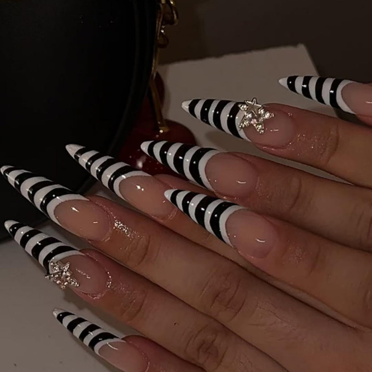 3D Gold Press on Nails Long Stiletto Fake Nails Glossy Nude Blue Full Cover
