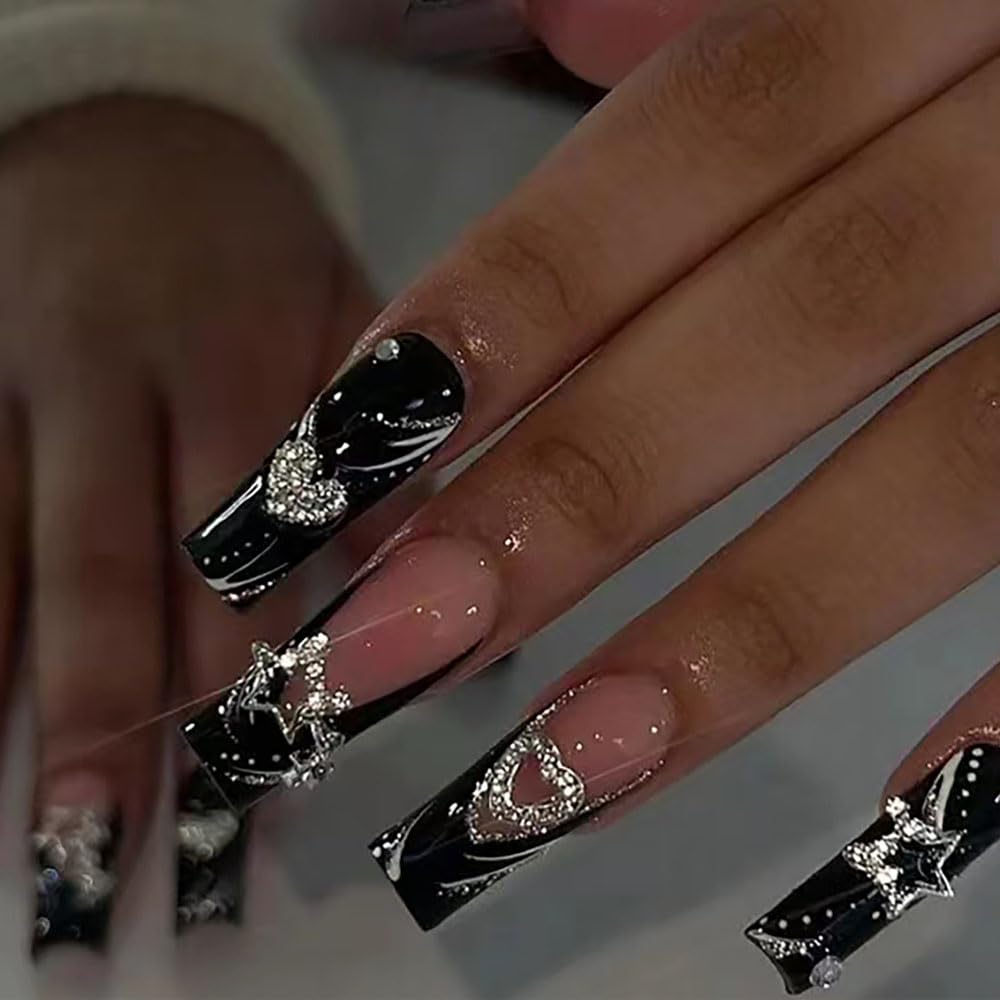 Ombre Pink White Press on Nails Long Square BAOYAALIN, Glitter Fake Nails with Rhinestones Design Gel Glue on Nails for Women Full Cover Acrylic Artificial False Stick on Nail for Wedding 24Pcs