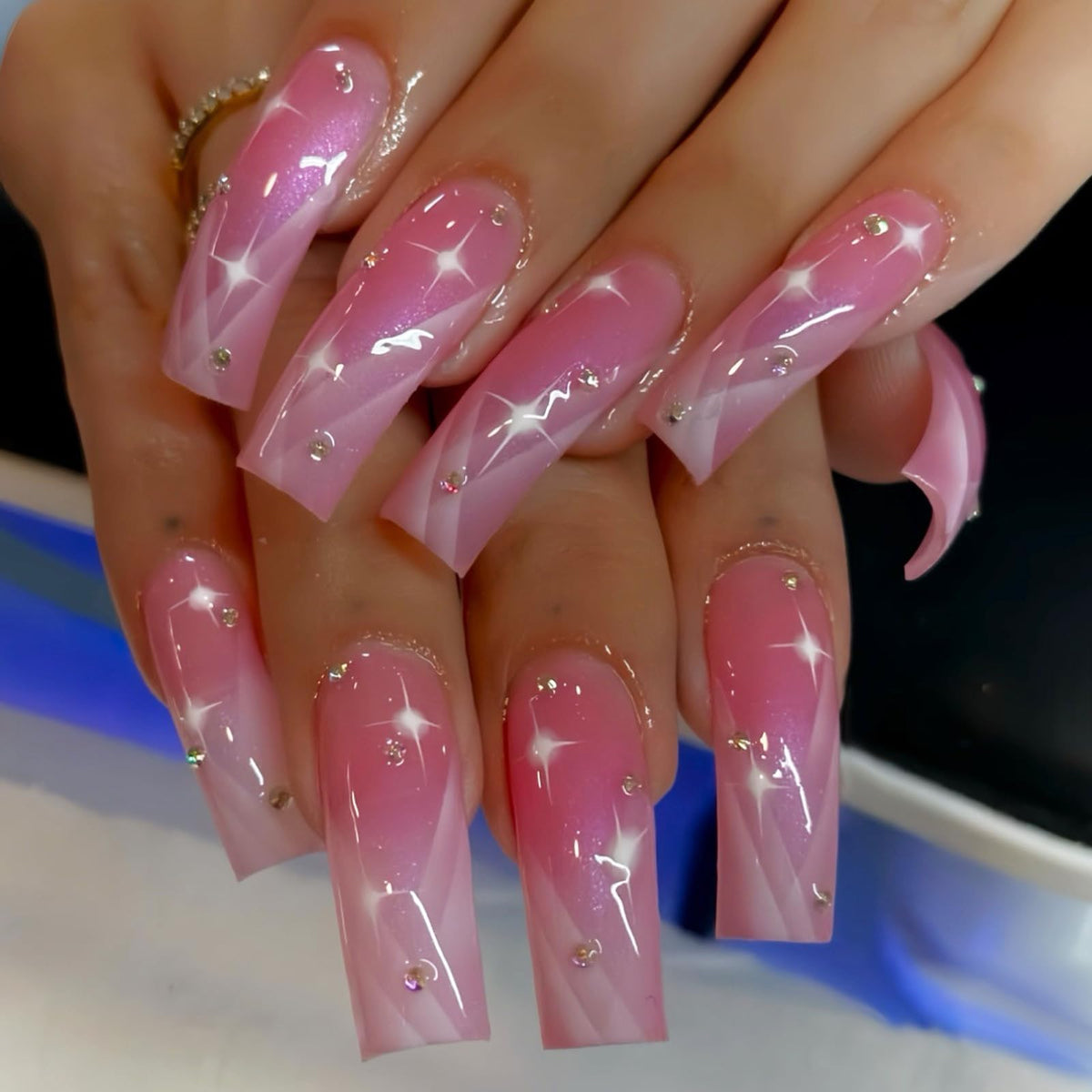 IMSOHOT Luxury Handmade Press on Nails Long Square Fake Nails with 3D Flower Designs Glossy Blue French Tips False Nails Full Cover Acrylic Glue Stick on Nails for Women