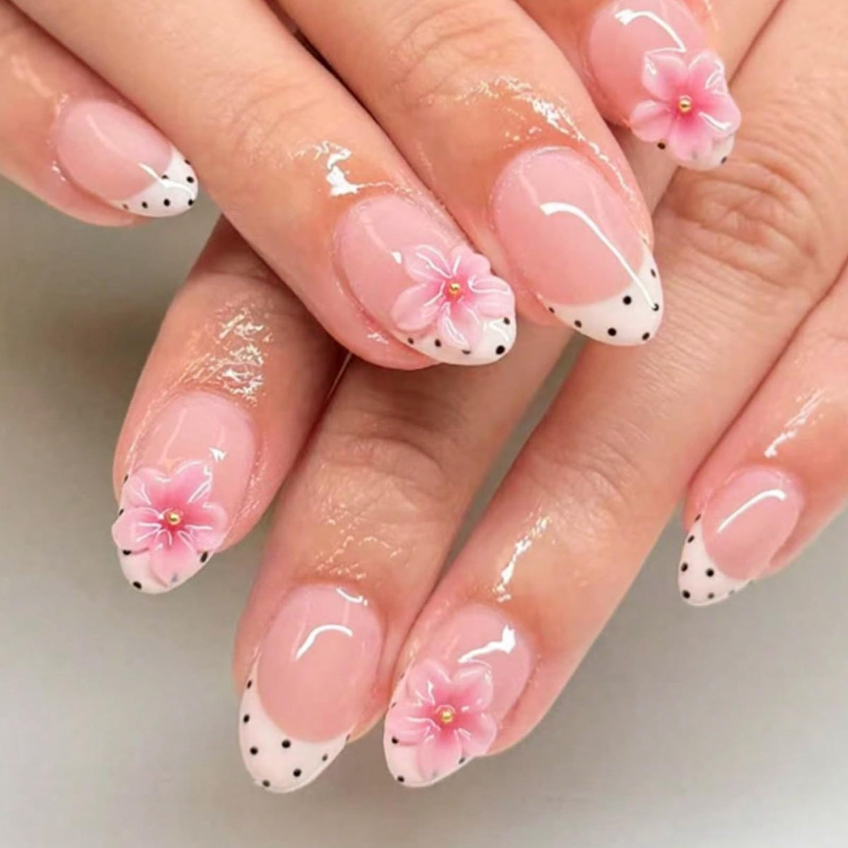 Bridal Press on Nails Short Almond Nude 3D White Floral Lace Pearl Wedding