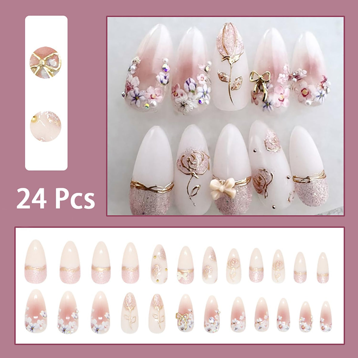 24Pcs Flower Press on Nails Medium Almond Fake Nails with Bow Rhinestones Designs Pink Acrylic Nails Glitter Glue on Nails Cute Floral False Nail Rose Flowers Stick on Nail for Women Nail Supplies