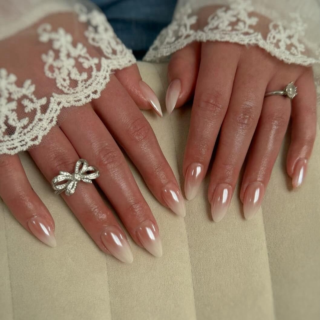 White French Tip Press On Nails Almond - KQueenest Chrome Press On Nails Medium, Glazed Natural Light Nude Fake Nails Press on, Reusable Glue on Nails Stick On Nail for Women Bridal Wedding