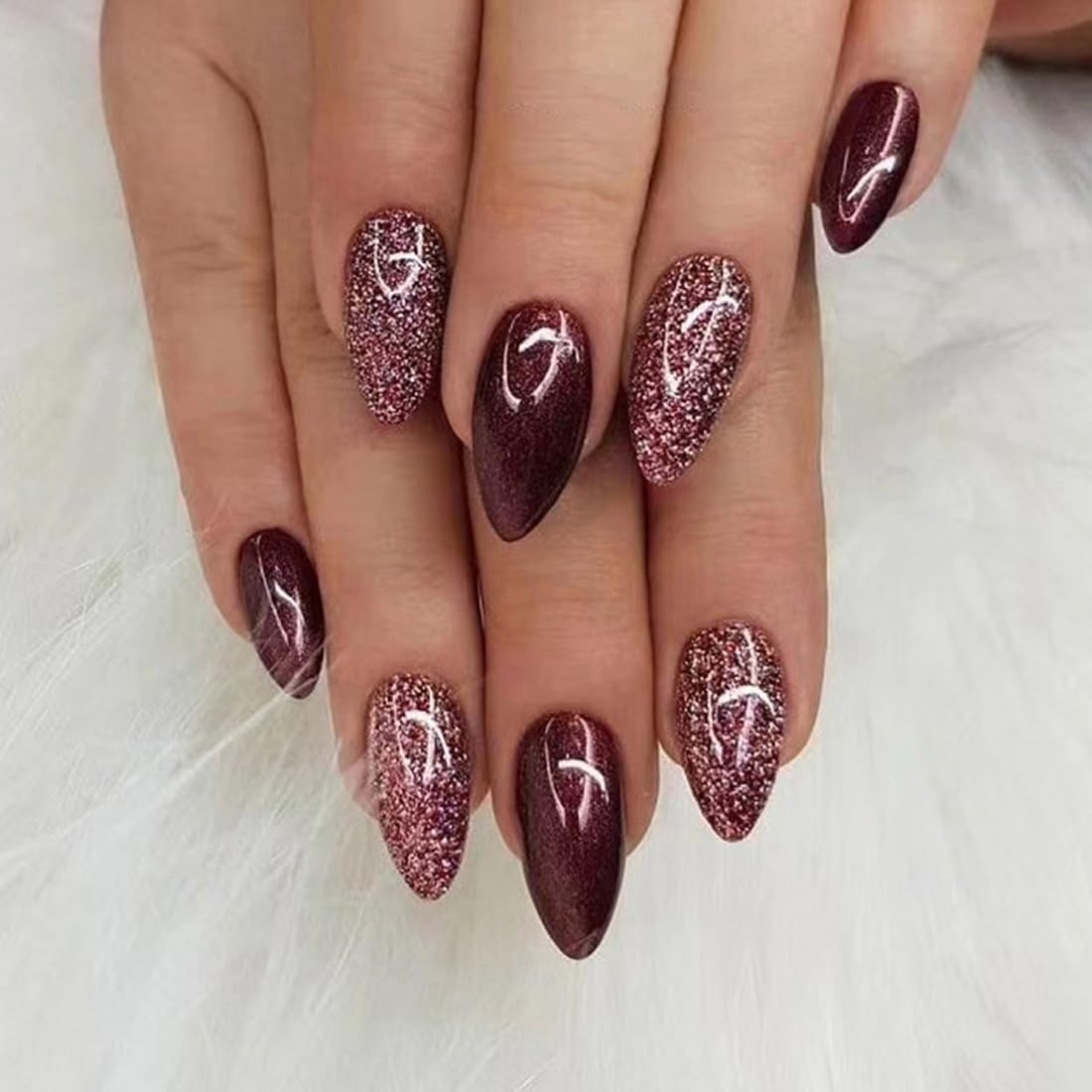 Ombre Almond Press on Nails Pink White Short Medium Fake Nail with Bling Designs Stick on fake on Nail for Wedding Manicure Classy for Women Gel Full Cover 24 Pcs
