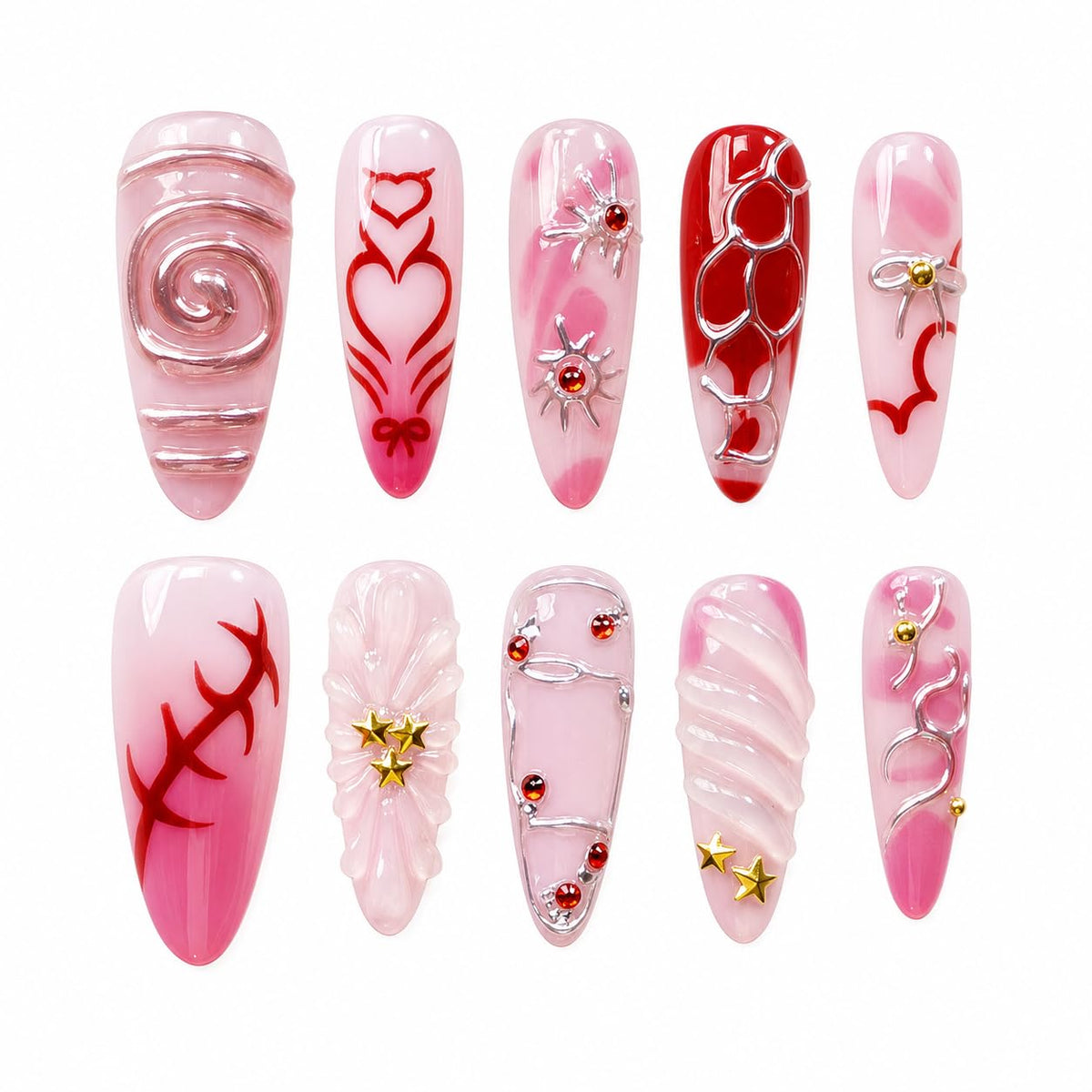 10pcs 3D Metallic Press on Nails Long Almond Handmade, Luxury Ornate Textured False Nails with Gold Silver Chrome Designs, Punk Style Studded Glue on Nails for Women, Gothic Avant-Garde Acrylic Nails