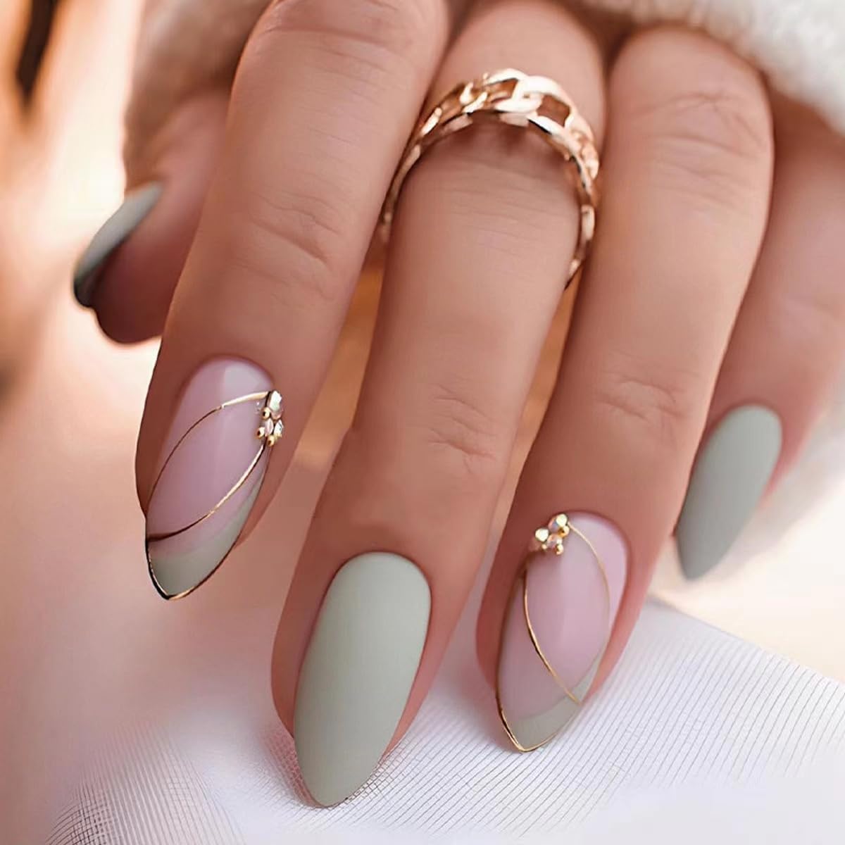 Almond Press on Nails Medium - Fall Fake Nails with Gold Line Design - White Full Cover Stick on False Nails - for Women 24 Pcs