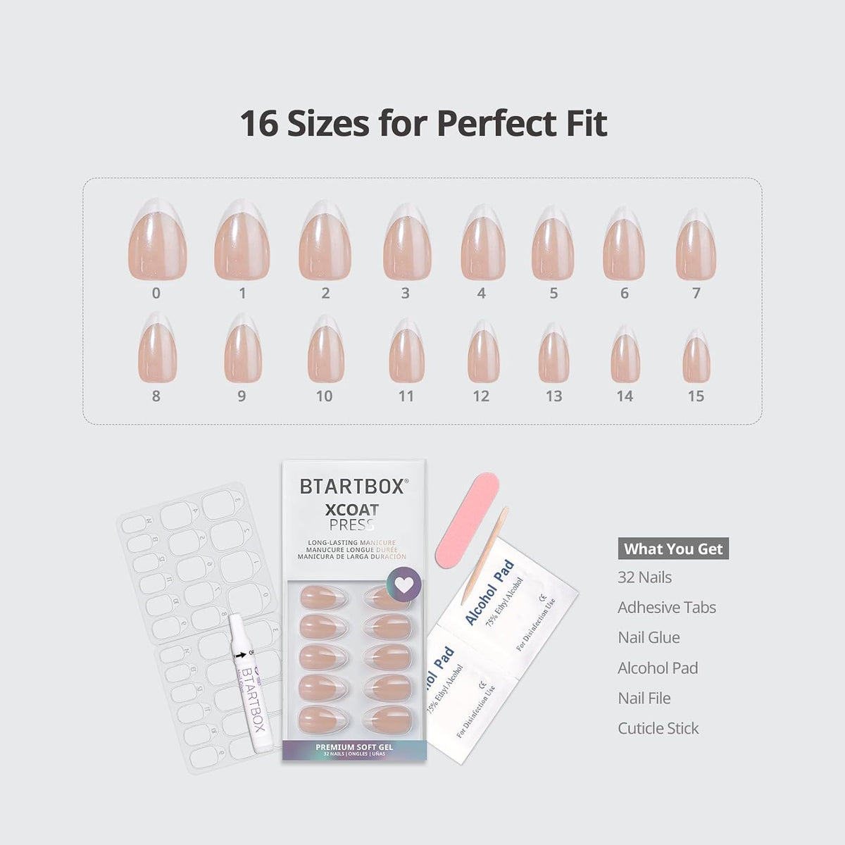 BTArtbox Press On Nails, Short Almond French Tip Nails, 32Pcs Full Kit