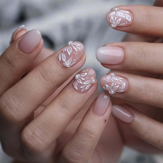 Bridal Press on Nails Short Almond Nude 3D White Floral Lace Pearl Wedding