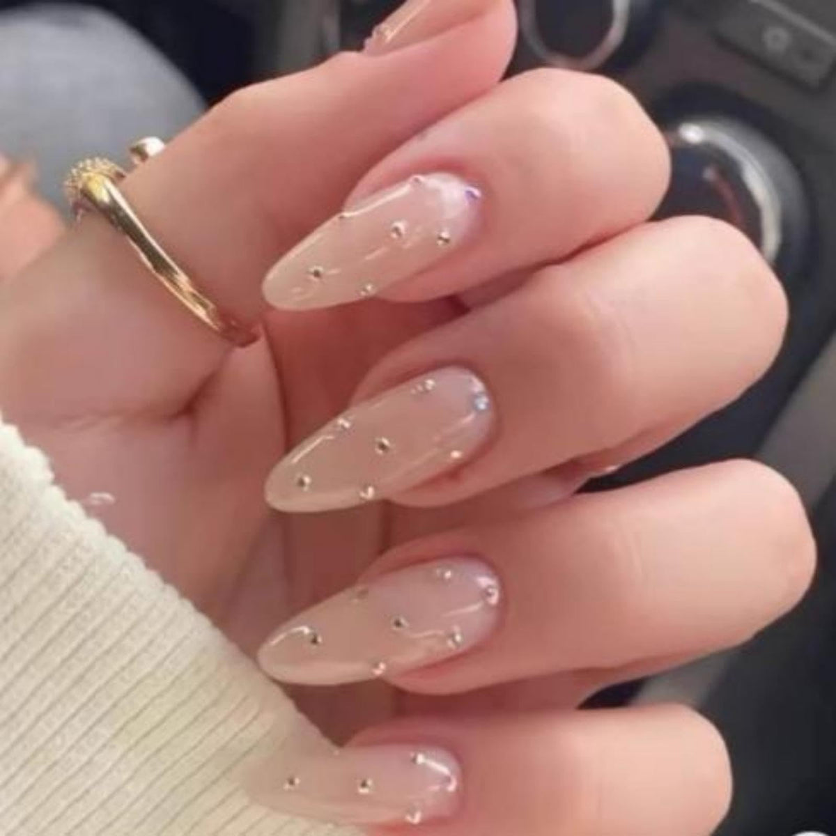 Silver Glitter Press on Nails French Tip Fake Nails Medium Almond False Nail with Rhinestone Design Nude Glossy Artificial Acrylic Full Cover Diamond Glue on Nail for Women Christmas Manicure 24Pcs