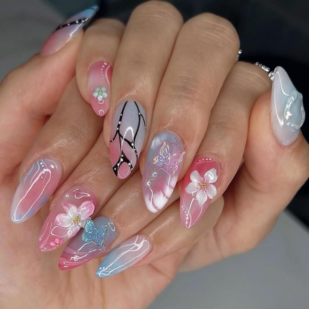 Green Press on Nails Medium Almond Fake Nails with 3D Pearl Rhinestones Designs Gold French Tips Flower Acrylic Nails False Nails White Floral Full Cover Glossy Stick on Nails for Women 24Pcs