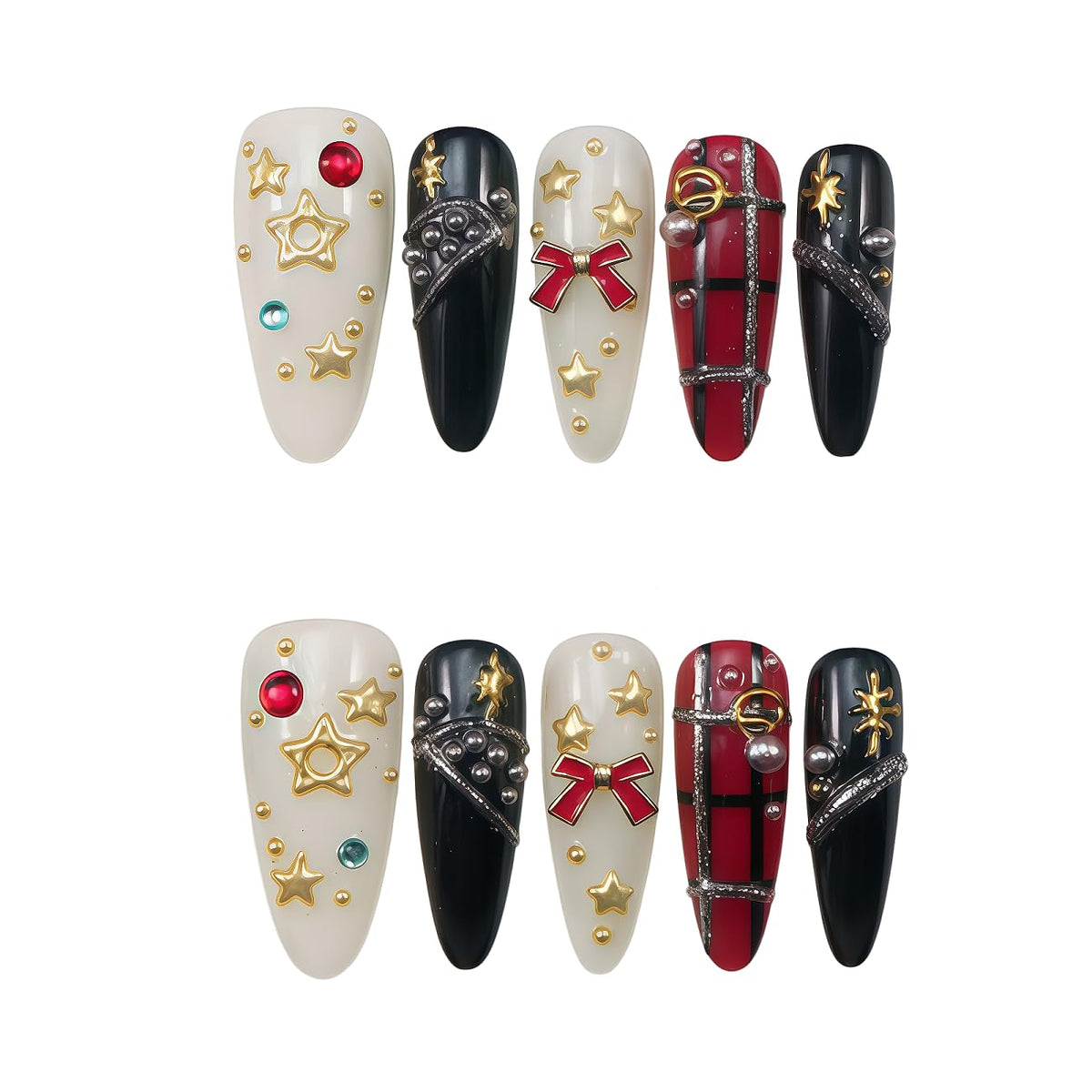 10pcs 3D Metallic Press on Nails Long Almond Handmade, Luxury Ornate Textured False Nails with Gold Silver Chrome Designs, Punk Style Studded Glue on Nails for Women, Gothic Avant-Garde Acrylic Nails