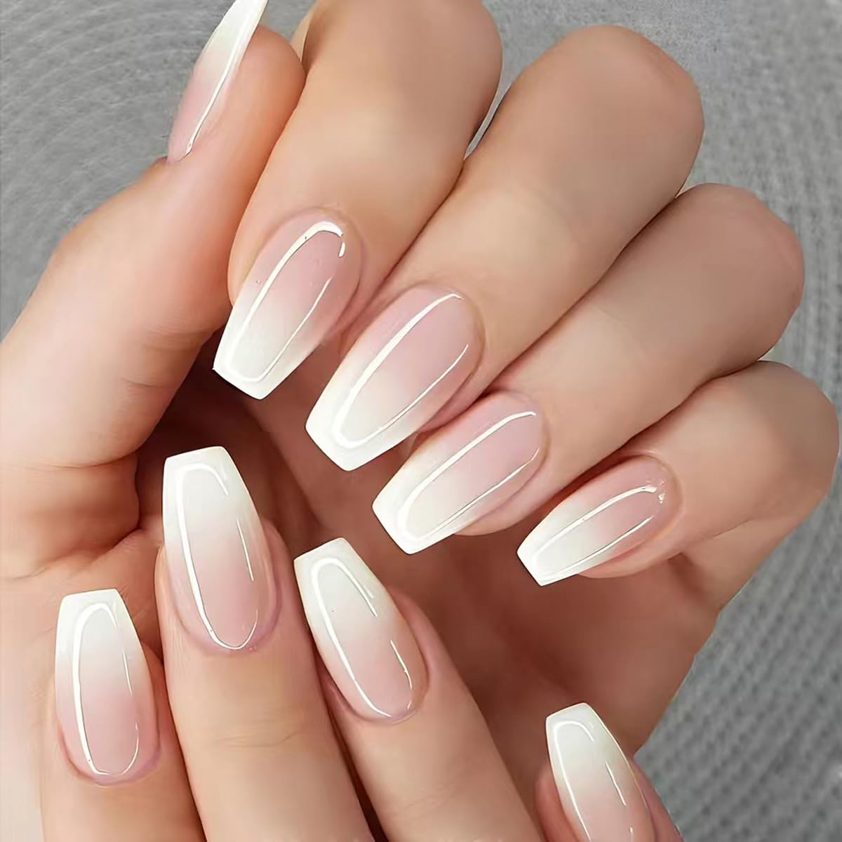 Ombre French Press On Nails Short - IKISKT Fashion Acrylic False Nails, Glue On Nails with Glue Sticker,Fit Perfectly & Natural Stick On Nails - 24PCS Soft UV Gel Fake Nails Kit, Gradient White