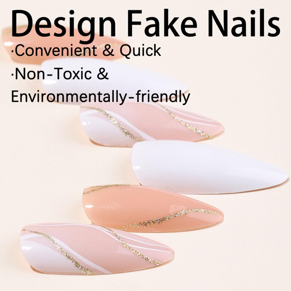 Almond Press on Nails Medium - Fall Fake Nails with Gold Line Design - White Full Cover Stick on False Nails - for Women 24 Pcs