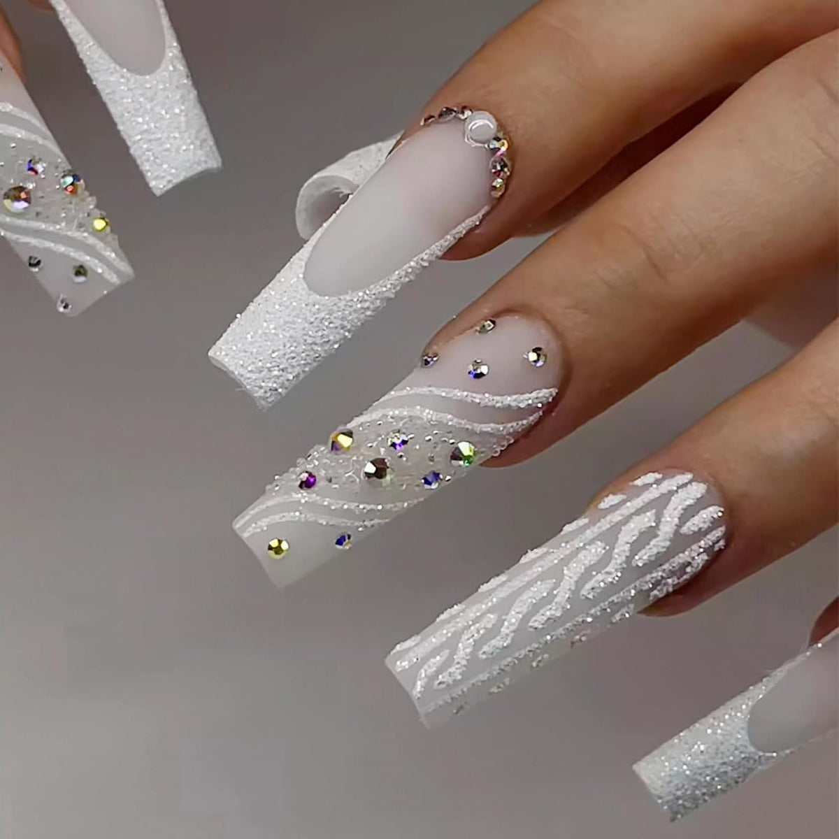 MISUD Press on Nails - Long Square Glue on Nails with White Bridal, Acrylic Wedding Bride Design 24 pcs