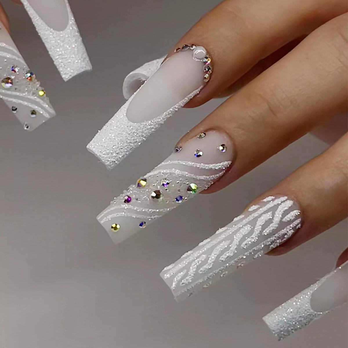 MISUD Press on Nails - Long Square Glue on Nails with White Bridal, Acrylic Wedding Bride Design 24 pcs