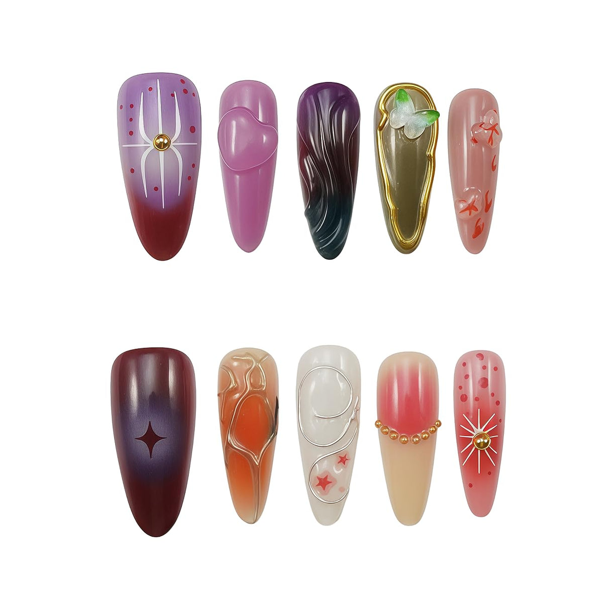10pcs 3D Metallic Press on Nails Long Almond Handmade, Luxury Ornate Textured False Nails with Gold Silver Chrome Designs, Punk Style Studded Glue on Nails for Women, Gothic Avant-Garde Acrylic Nails
