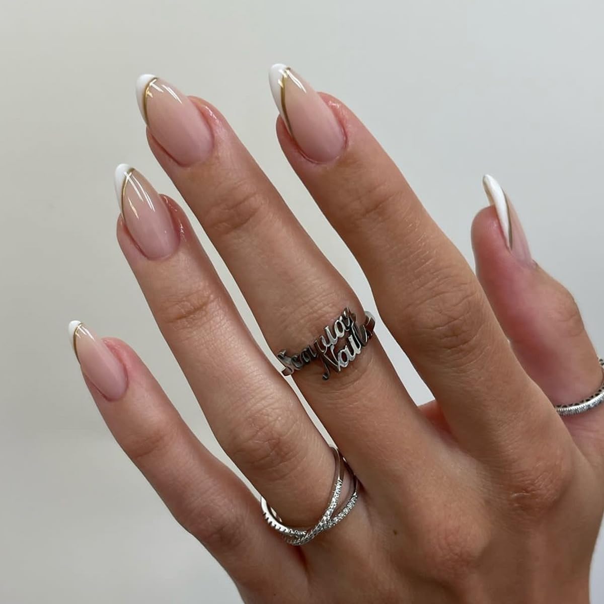 Almond Press on Nails Medium - Fall Fake Nails with Gold Line Design - White Full Cover Stick on False Nails - for Women 24 Pcs
